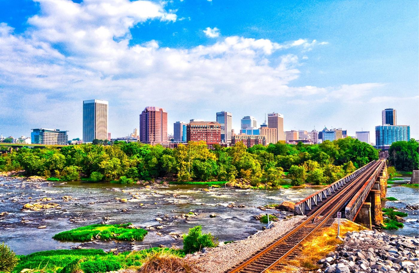 Downtown Richmond skyline above the James River rapids