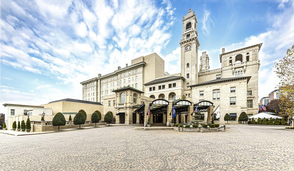 The Jefferson Hotel's front courtyard and clock tower